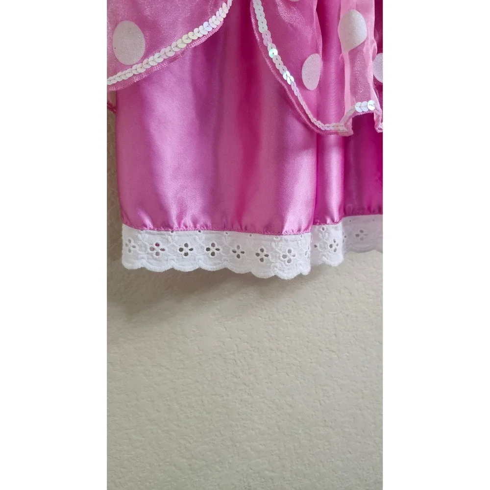 Disney Minnie Mouse Pink Polka Dot Costume Dress Size 4 Rhinestone Bow‎ Lace